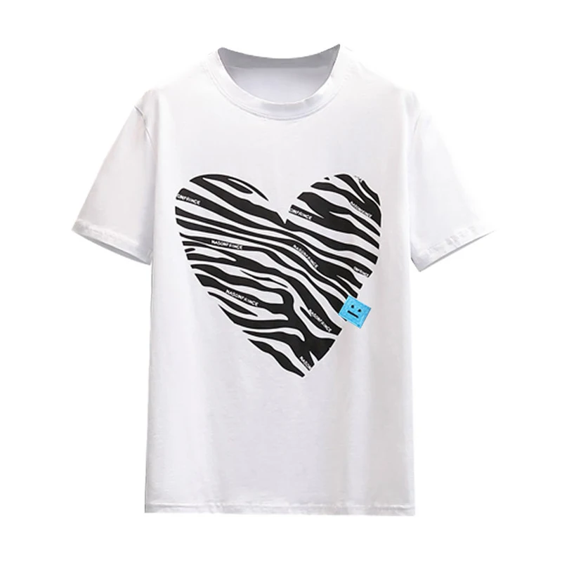 

Fashion Women Korean Harajuku Zebra Pattern Love Printing T Shirt Summer 2021 Casual Loose Crewneck Tee Short Sleeve Female Tops