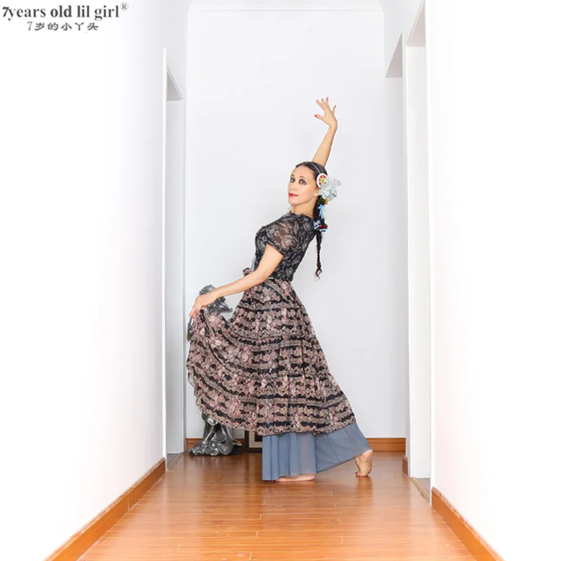 Живота юбка для танцев 16 ти метровый Полный широкий круг печатные сетки платье