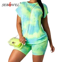 sebowel summer womans fluorescent contrast color tracksuit 2 piece sets casual female short sleeve t shirt tee shorts outfits