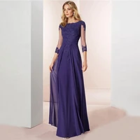 2021 latest charming purple chiffon boat neck three quarter sleeve mother of the bride dresses lace applique wedding party gowns