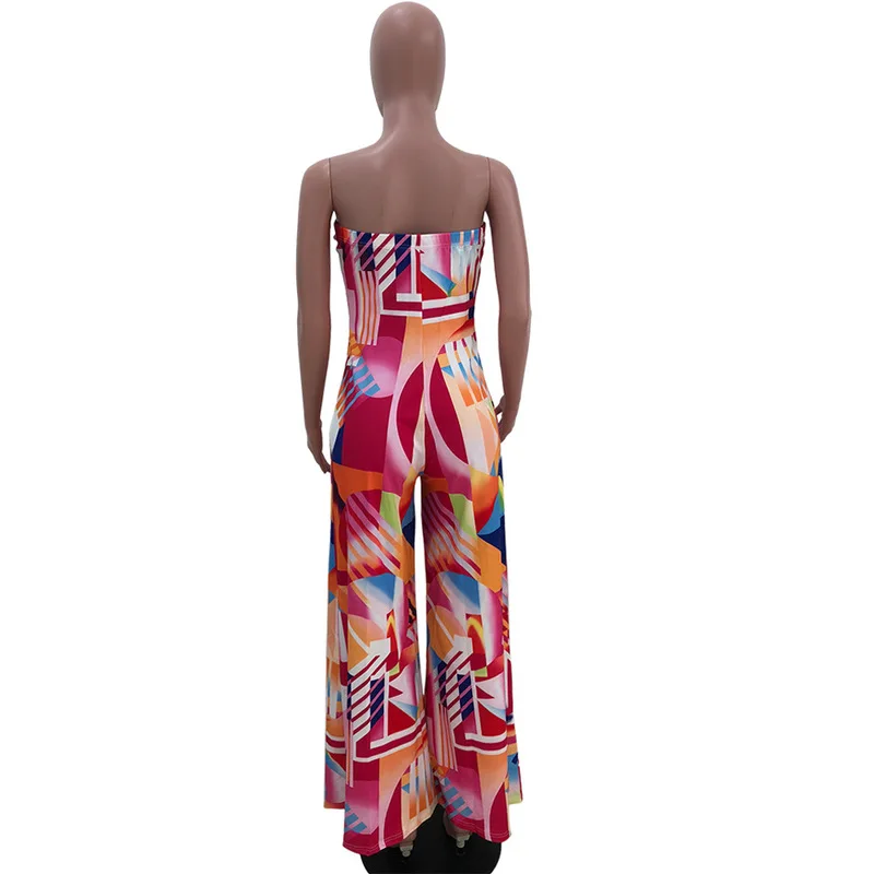 

Geometric Print Loose Rompers Womens Jumpsuit Off The Shoulder Backless Wide Leg Bodysuit Vintage Strapless Sleeveless Playsuits