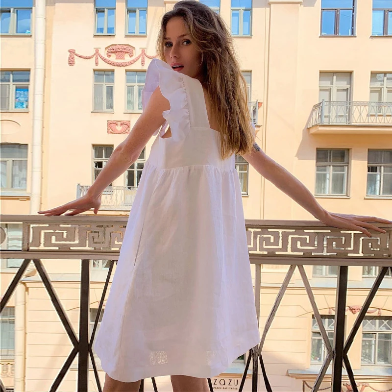 

Square Collar Butterfly Sleeve Mini Sweet Dress Woman Casual Backless 2021 Summer Yellow High Waist Loose Linen Solid Dress