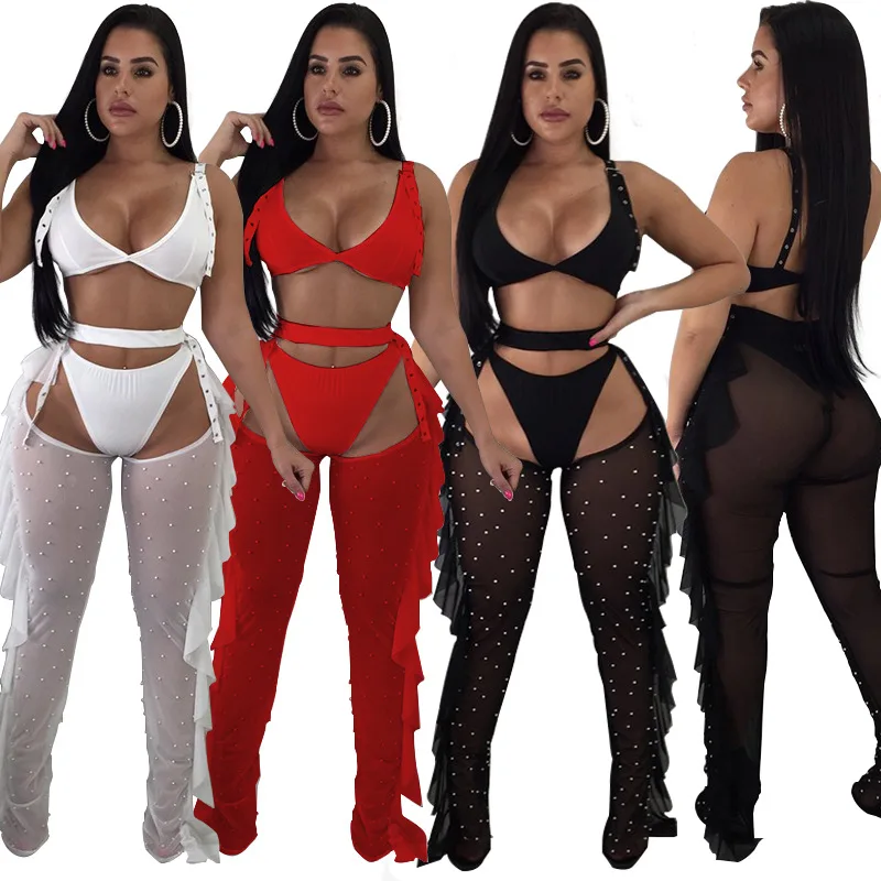 

New Women's Sexy Mesh Nail Bead Fungus Edge Three Piece Suit