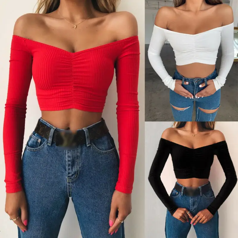 

Off Shoulder Long Sleeve Shirts Casual Women Ladies Blouse Fashion Female Slash Neck Crop Tops Slim Solid Bare Belly Shirts