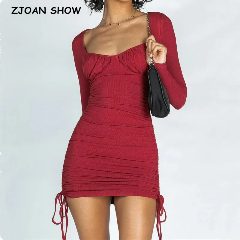 

2021 Retro Side Lacing Up Ruched Package hips Rib Dress Women Sexy Draped Bra Front Long sleeve Bodycon Mini Dresses Party Robe