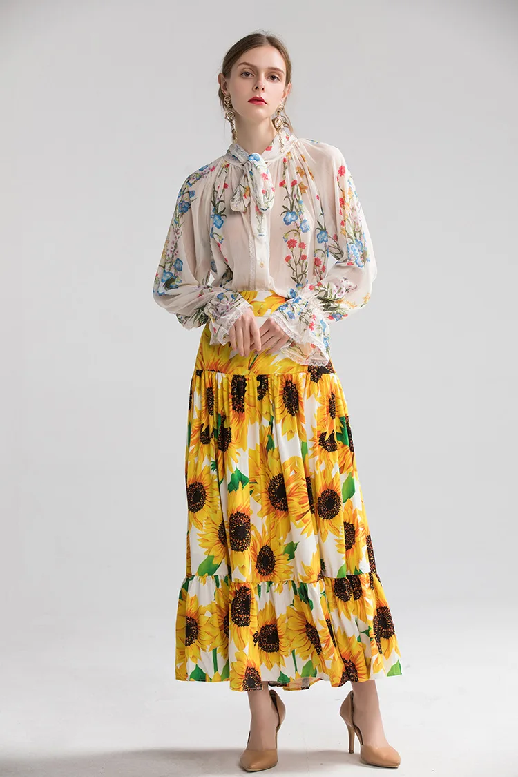 Fashion women's brand new high quality loose Shirts+floral print skirts two piece set 2019 Autumn women skirt suit B014 |