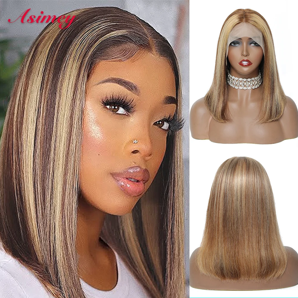 

Asimey P4/27 Highlight 13X4 Lace Frontal Human Hair Wig Short Straight Bob Blonde Preplucked Ombre Closure Wig For Women 180%