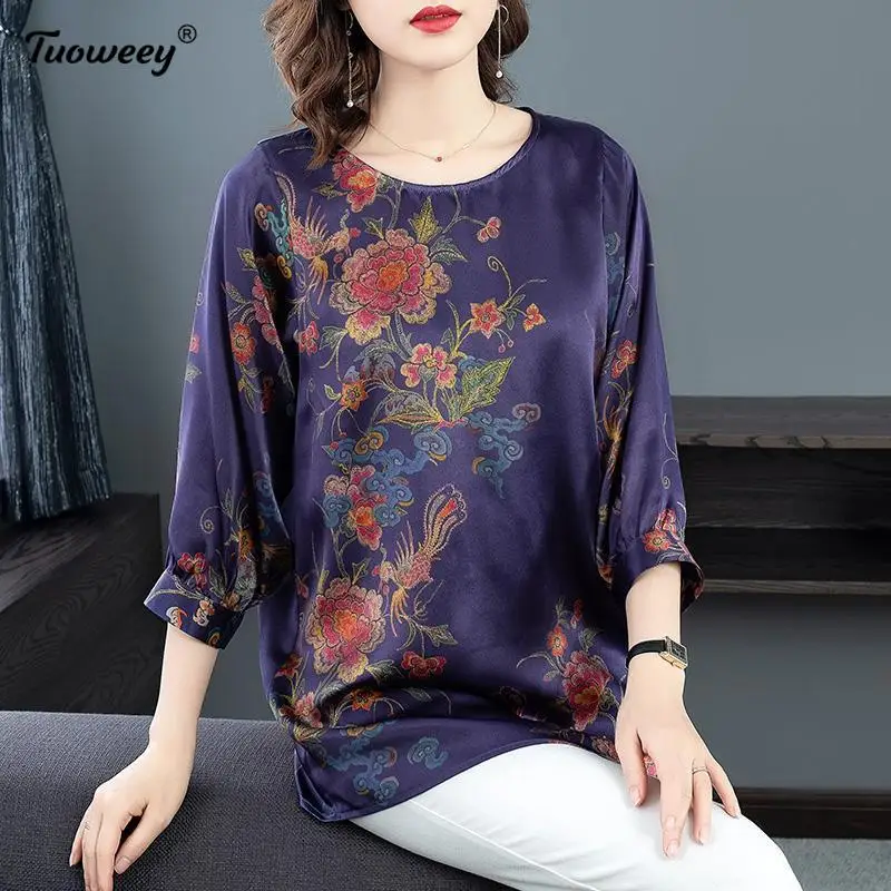 

Mid-length Pullover Blouses Female Spring Retro Printed Round Neck Nine-point Sleeve Shirt Women Loose Large Size blusas