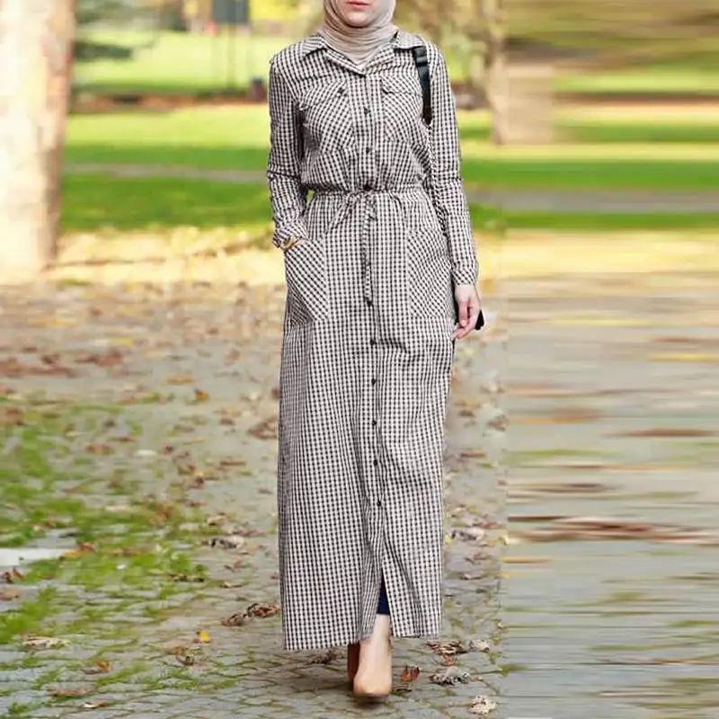 2023 Morocco Elastic Waist Shirt Dress ZANZEA Lapel Long Maxi Dress Muslim Dresses Casual Abaya Hijab Dresses Vestido 
