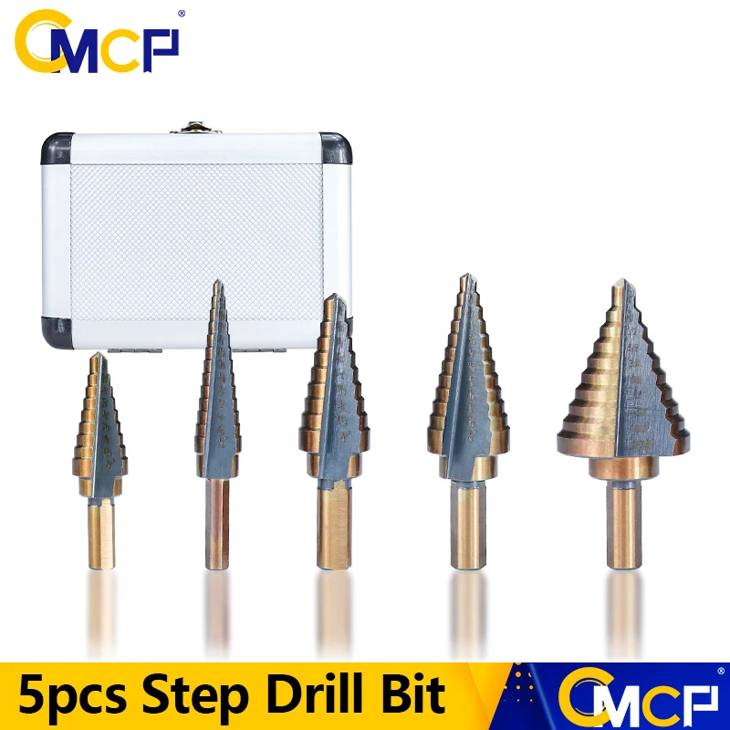 

CMCP Step Drill Bit 5pcs 50 Size Cobalt Coated Stepped Cone Drill HSS Wood Metal Hole Saw Cutter Drilling Tools