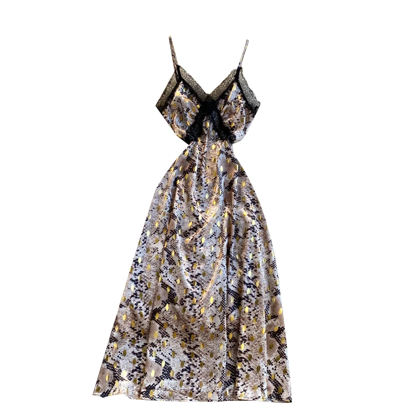 

Summer Fashion New Backless Dress Snake Print Spaghetti Strap Lace Dresses Women Vintage Elegant Deep V-neck Dress Sexy