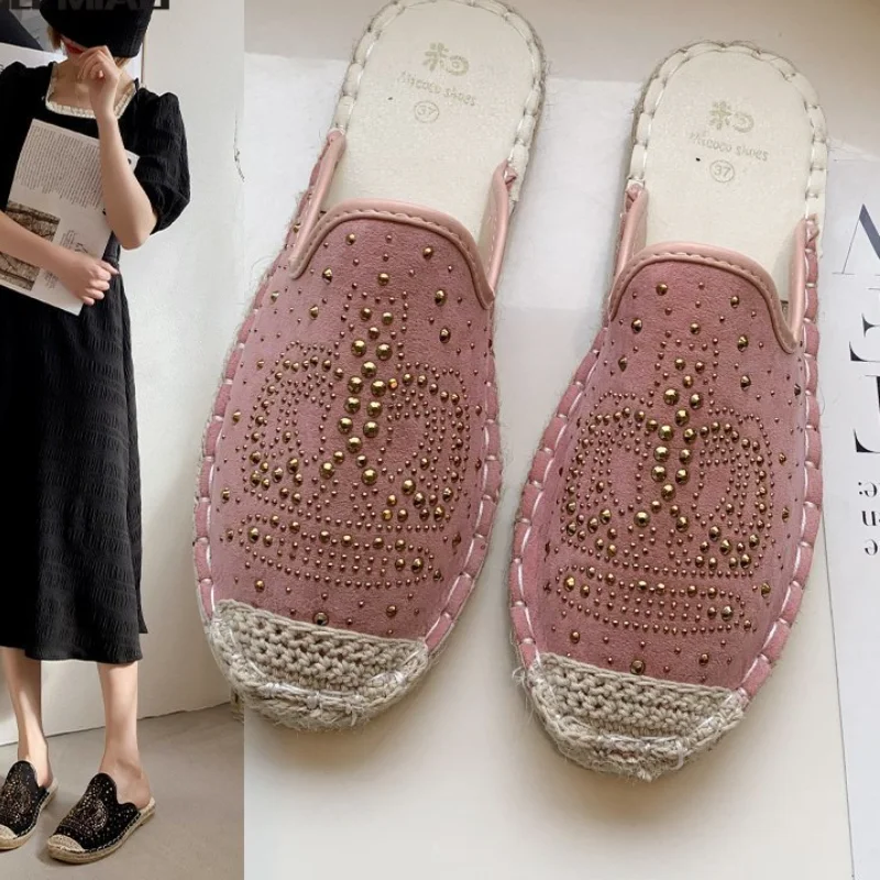 

Shoes Women Flat Slippers Summer Cool Slides Mesh Straw Weave Slides Outside Slippers Beach Flip Flop Breathable Hollow Sandals