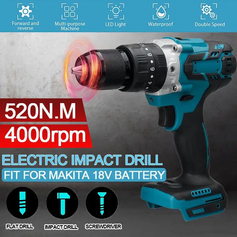 3 In 1 520N.m Brushless Cordless Compact Impact Drill With LED Light 20+3 Torque 13mm Chuck Replace for 18V Makita Battery