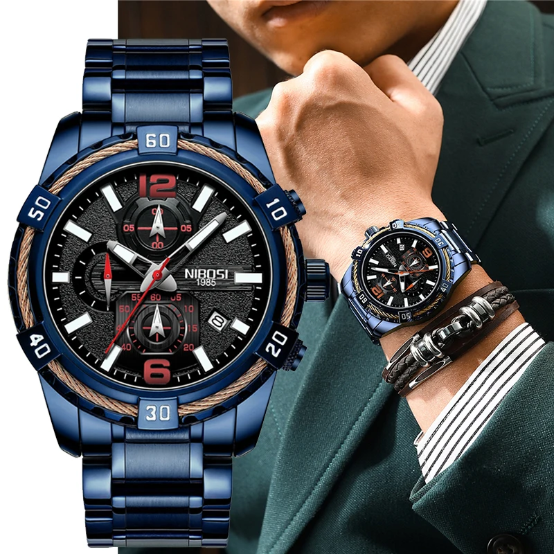 

NIBOSI Casual Sport Watch for Men Blue Top Brand Luxury Stainless Steel Watches Man Fashion Chronograph Wristwatch Reloj Hombre