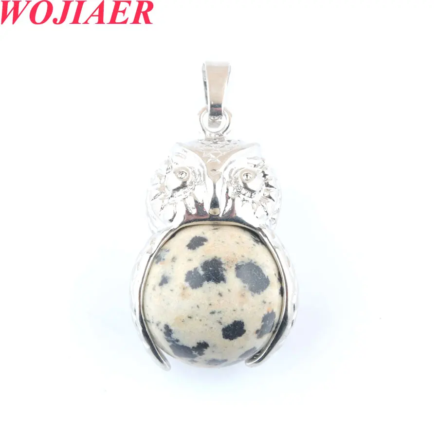

WOJIAER Natural Stones Pendants Necklaces Cute Owl Dalmation Jasper Round Ball Bead Dangle Pendulum Women Jewelry Gift O9170