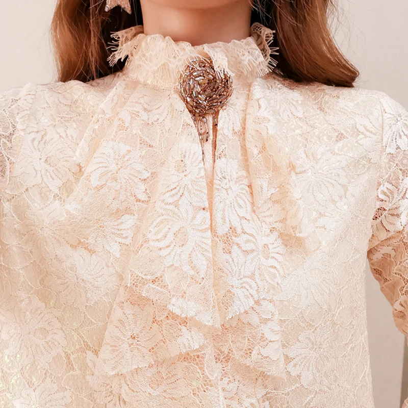 

VGH Patchwork Ruffles Dress For Women Stand Collar Petal Sleeve Hollow Out Mesh Mini Dresses Female 2020 Summer New Clothes Tide