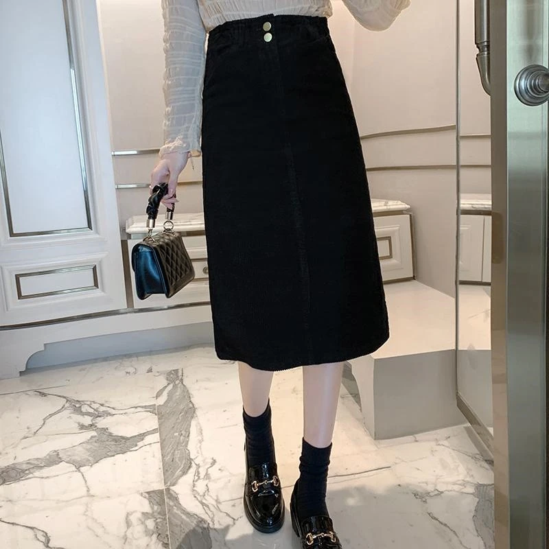 

Waist High Midi Vintage Corduroy Slit Women Streetwear Female Skirts Autumn Spring