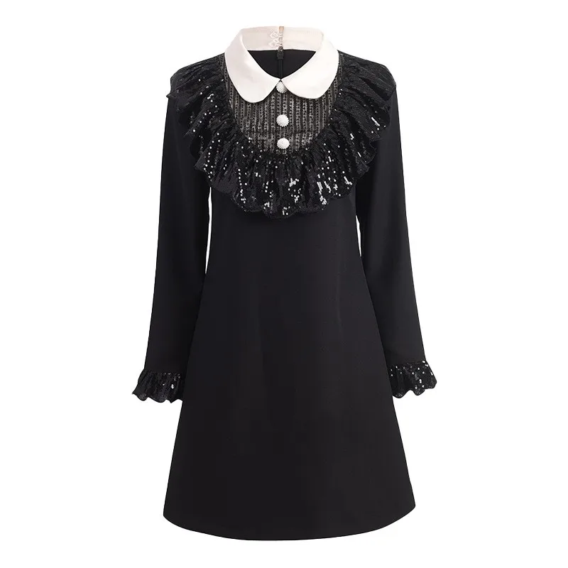 

Fashion Ruffle Sequins Black Dress Women Autumn Slim Doll Collar Long Sleeve Short Dresses Office Ladies Elegant A-Line Dress
