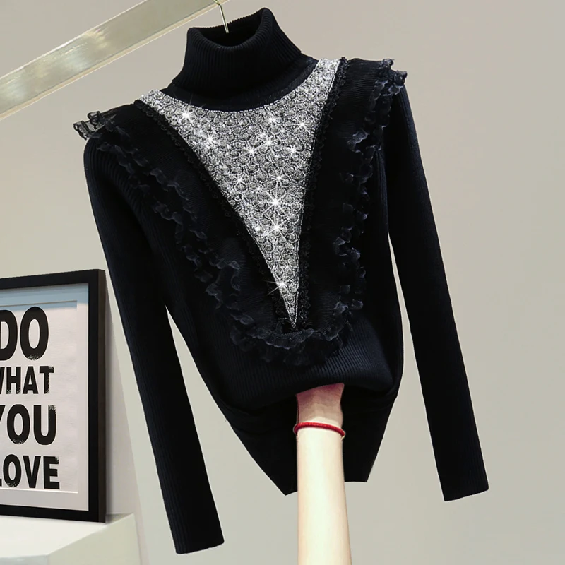 

2021 New Fall Winter Sweater Beaded Sequins Lace Temperament High Collar Ruffled Knitwear Womens Turtleneck Pullovers Sweaters