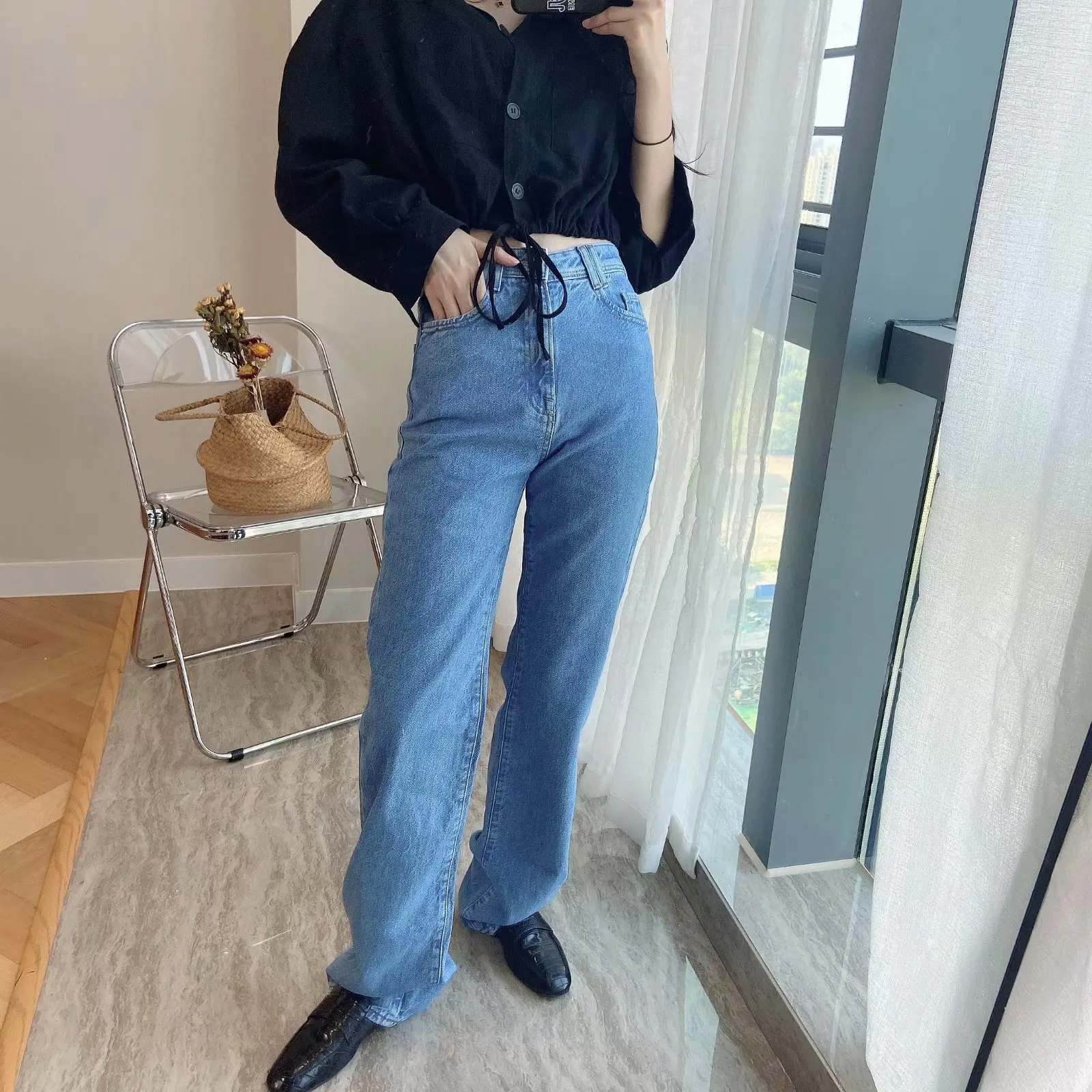 

Women 2021 Chic Fashion Side Pockets Straight Jeans Vintage High Waist Zipper Female Trousers Denim Pants Mujer