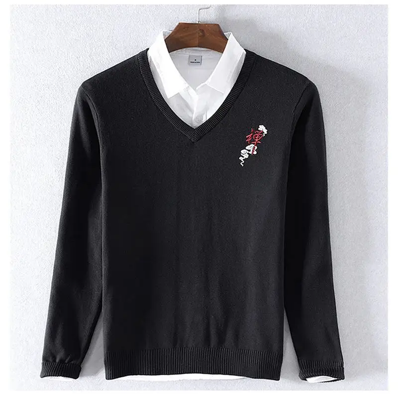 High Quality Chinese-Style Mens Long Sleeve V-Neck Sweaters 100% Cotton Casaul knitted Clothes Fashion Slim Male Tops | Мужская одежда