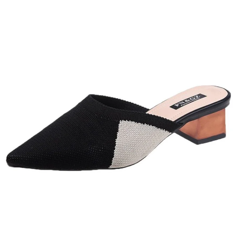 

2021 Summer Women's Shoes Slippers Slip-On Mixed Colors Cover Toe Fashion Leisure Med Heels Square Heel