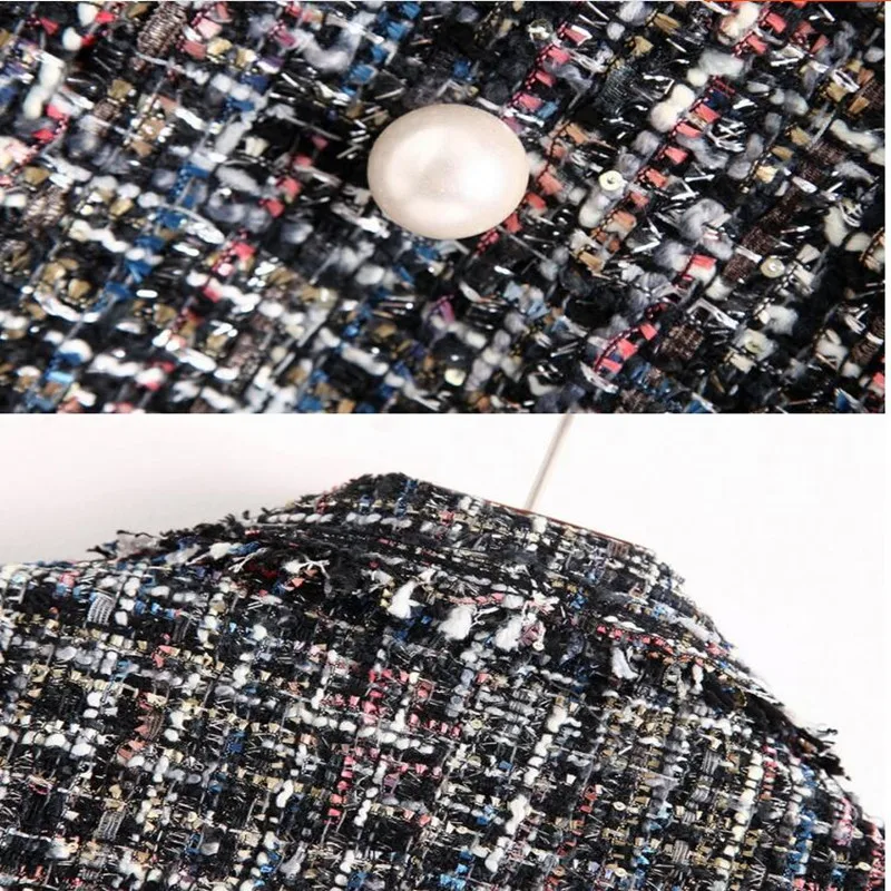 Женская твидовая куртка в клетку Повседневная Свободная с жемчужными пуговицами