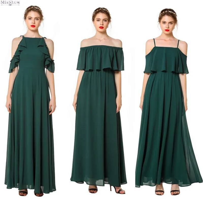 

Misshow 1473 Evening Dress 2019 Deep Green Chiffon Long Evening Gown For Women Elegant A line Sleeveless robe de soiree