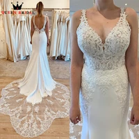 simple wedding dresses mermaid v neck open back satin tulle lace appliques elegant sexy bride dress custom made de47