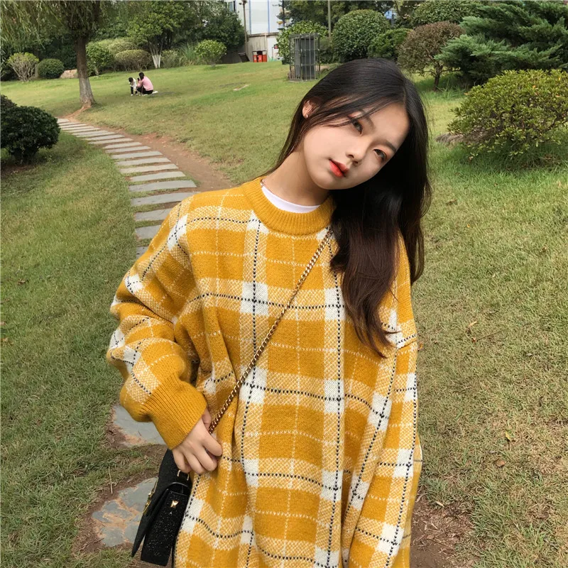 

Japanese Vintage Plaid Sweaters for Women Autumn and Winter All-match Fashion Clothing Long Sleeve Straight Oversize Pullovers