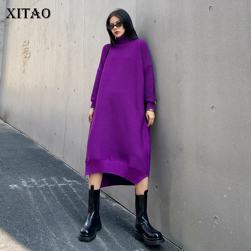XITAO Трендовое женское платье с высоким воротом и длинным рукавом свободного