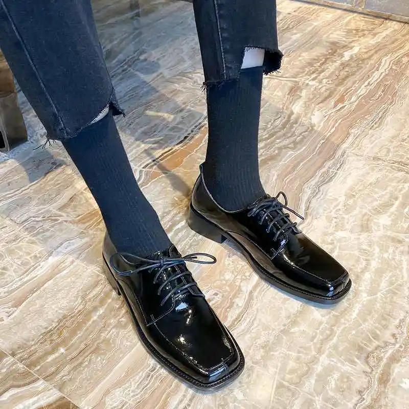 

Krazing Pot handmade solid genuine leather leisure shoes lace up square toe med heels spring fashion comfortable women pumps L31