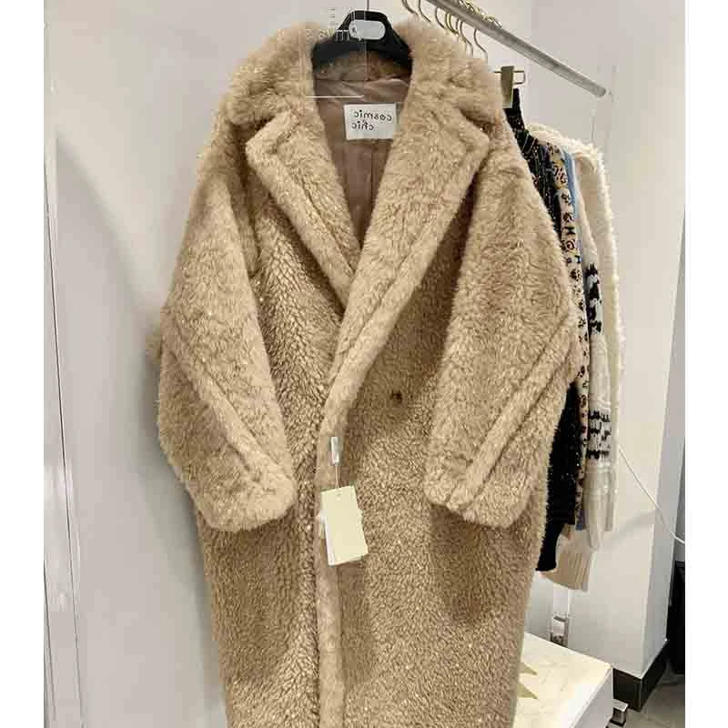 

Зимнее женское длинное пальто 2021 года, пальто с золотистой нитью с мишкой Тедди, толстый плюшевый мишка из натурального меха, толстое теплое...