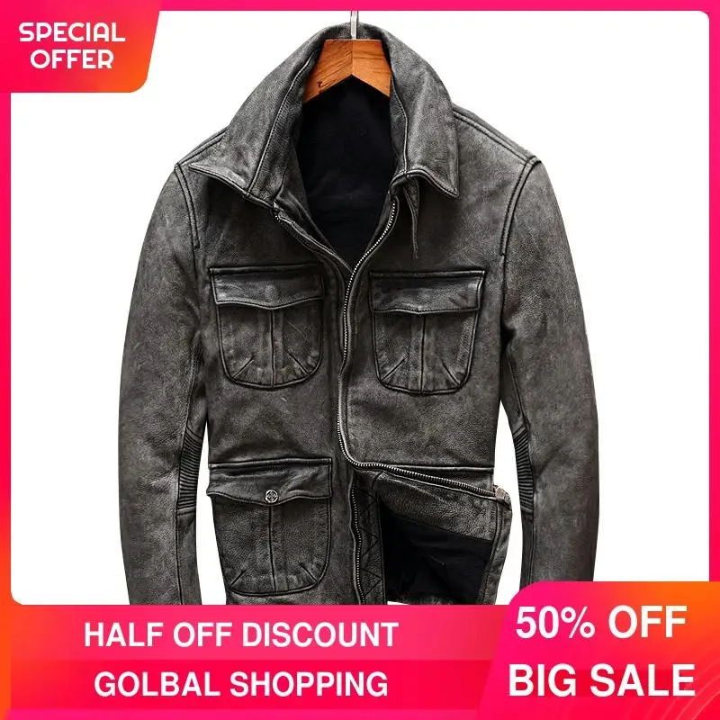 Мужская повседневная кожаная куртка серый винтажный жакет из натуральной