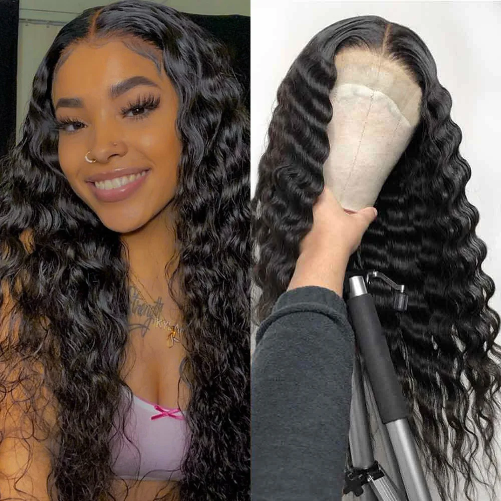

Brazilian Deep Wave Lace Frontal Wig Remy Pre-Plucked Curly Lace Closure Wigs Human Hair Loose Deep 13*1 T Part Long Human Wig