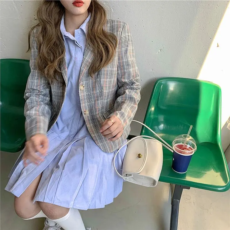 

Women Dress 2021 Spring Autumn Turn Down Collar Long Sleeve Japanese Style Brief All Match Fold Pleated Mini Short Dresses Blue