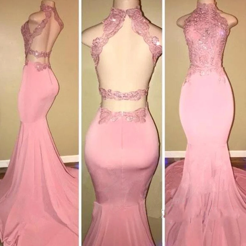 

Vintage Sexy Backless Mermaid Prom Dress Pink Lace Appliqued Prom Party Dresses Long Floor Length Women Pageant Gowns