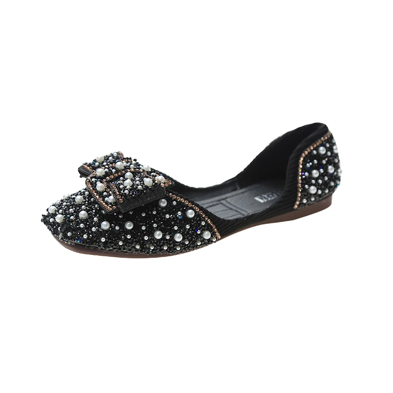 Мокасины женские с квадратным носком лоферы жемчугом плоская подошва стразы