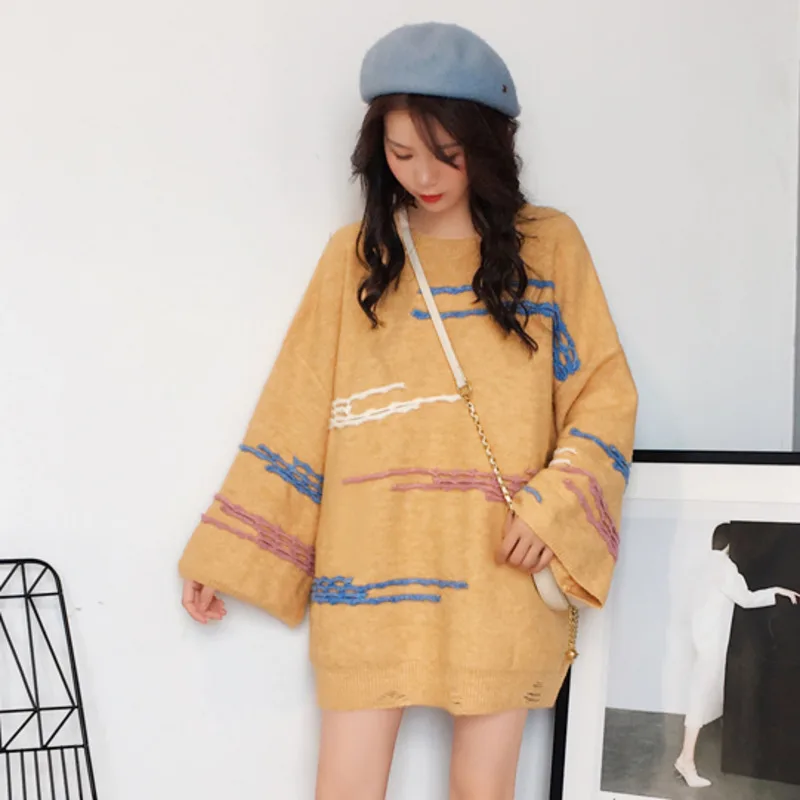 SHENGPALAE Full Sleeve Print Round-neck Pullovers Lazy Women Straight Sweater New 2020 Autumn Winter Japan Korea Style FS478 | Женская