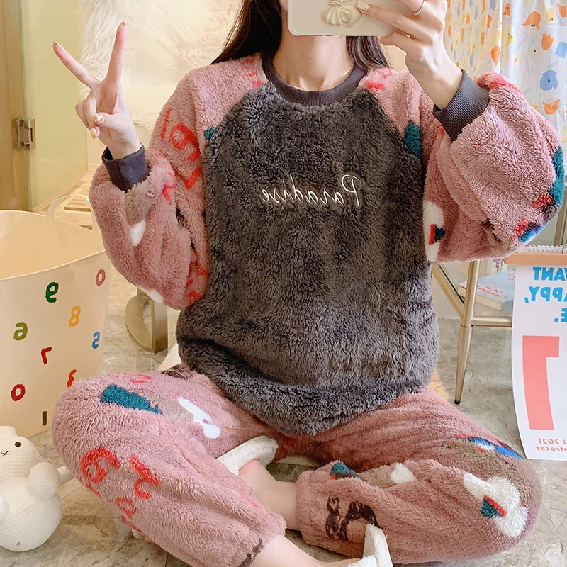 Женский пижамный комплект зимний верх с длинным рукавом и брюки теплая пижама из