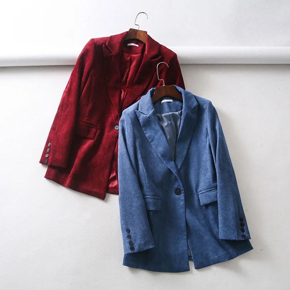 

Office lady Corduroy Blazer suit jacket woman blue Blazer suit jacket female spring autumn casual chic Single buckle slim suit