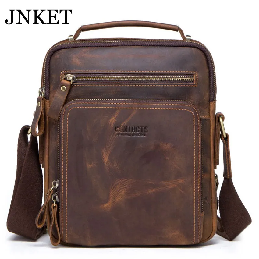 JNKET New Retro Cow Leather Men's Shoulder Bag Leisure Sling Bag Business Crossbody Bags Large Capacity Messenger Bag