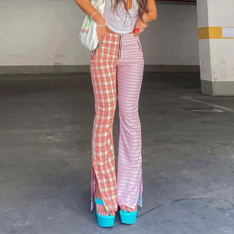 

Женские клетчатые расклешенные брюки, модные двухцветные брюки в стиле Харадзюку с принтом, повседневные брюки с высокой талией, молнией и ...