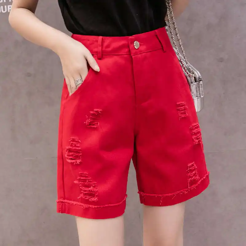 Шорты женские прямые свободного покроя с дырками из денима завышенной талией