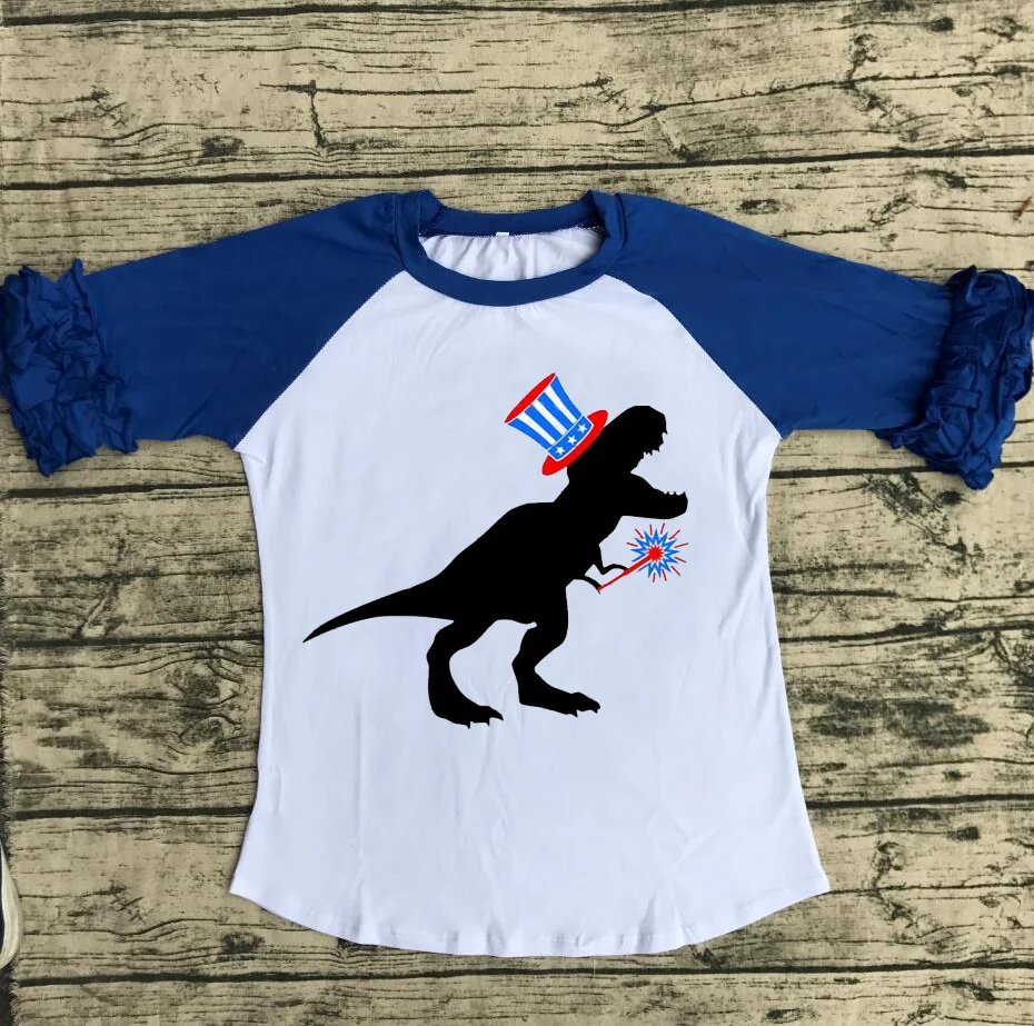 

july 4th kids baby girls clothes Children clothes blue t shirts with dinosaur print kids American cute spring summer raglans