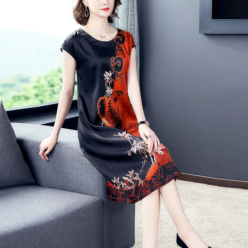 

Silk dress female 2020 summer new fashion retro printing short-sleeved dress large size M-3XL high quality elegant vestidos
