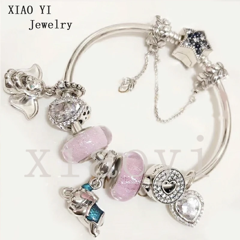 

XIAOYI 2020 new 100% s925 Flying elephant water drop PINK glass love wheat ear safety chain temperament gentle Bracelet female