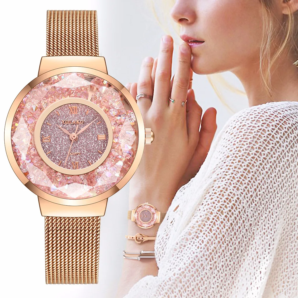 Fashionable Quicksand Diamond Mirror Flash Women's Watch Milan Mesh Strap Quartz Watch