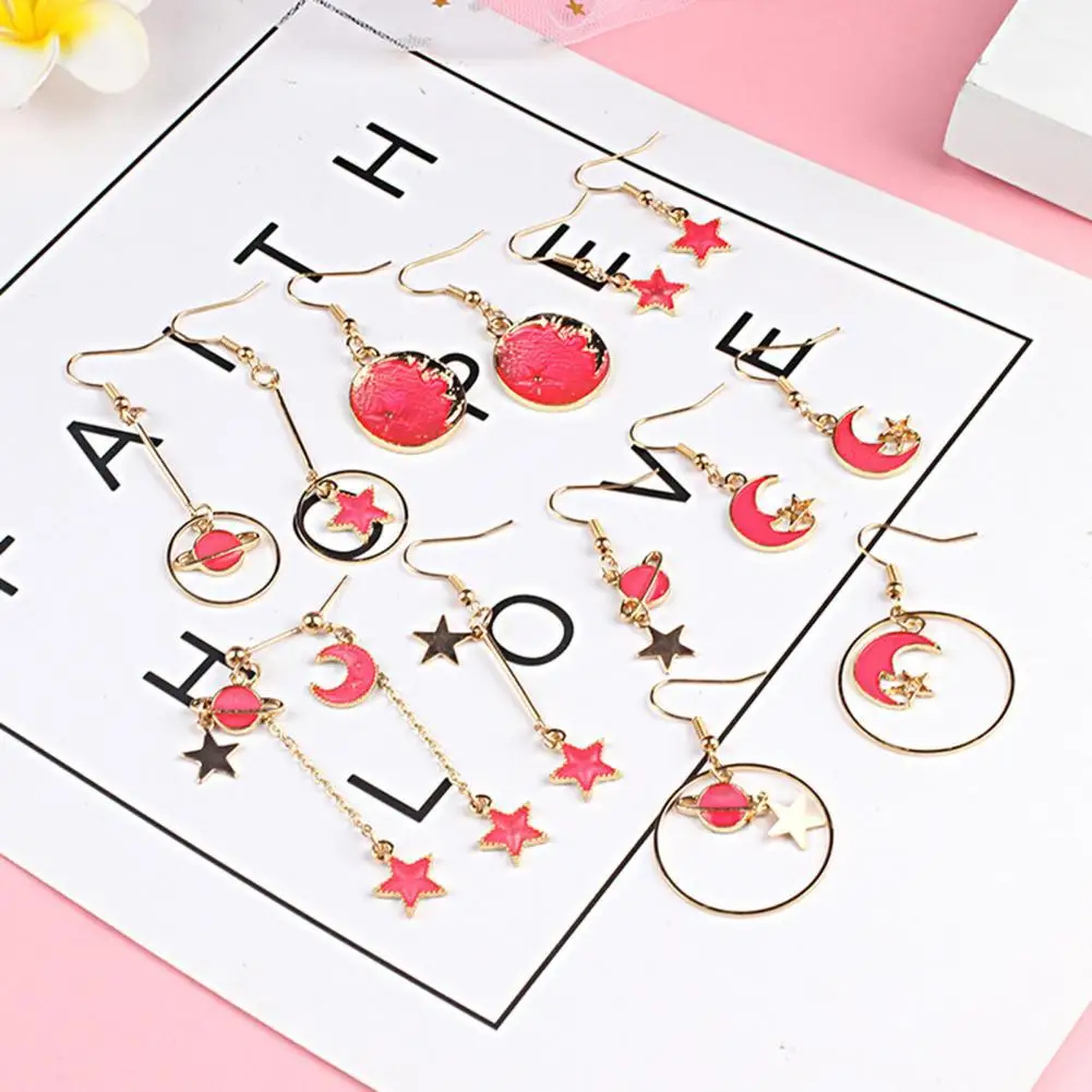 

1 Pair Girls Drop Earrings Cartoon Moon Star Asymmetric Jewelry Exquisite All Match Hook Earrings for Daily Wear