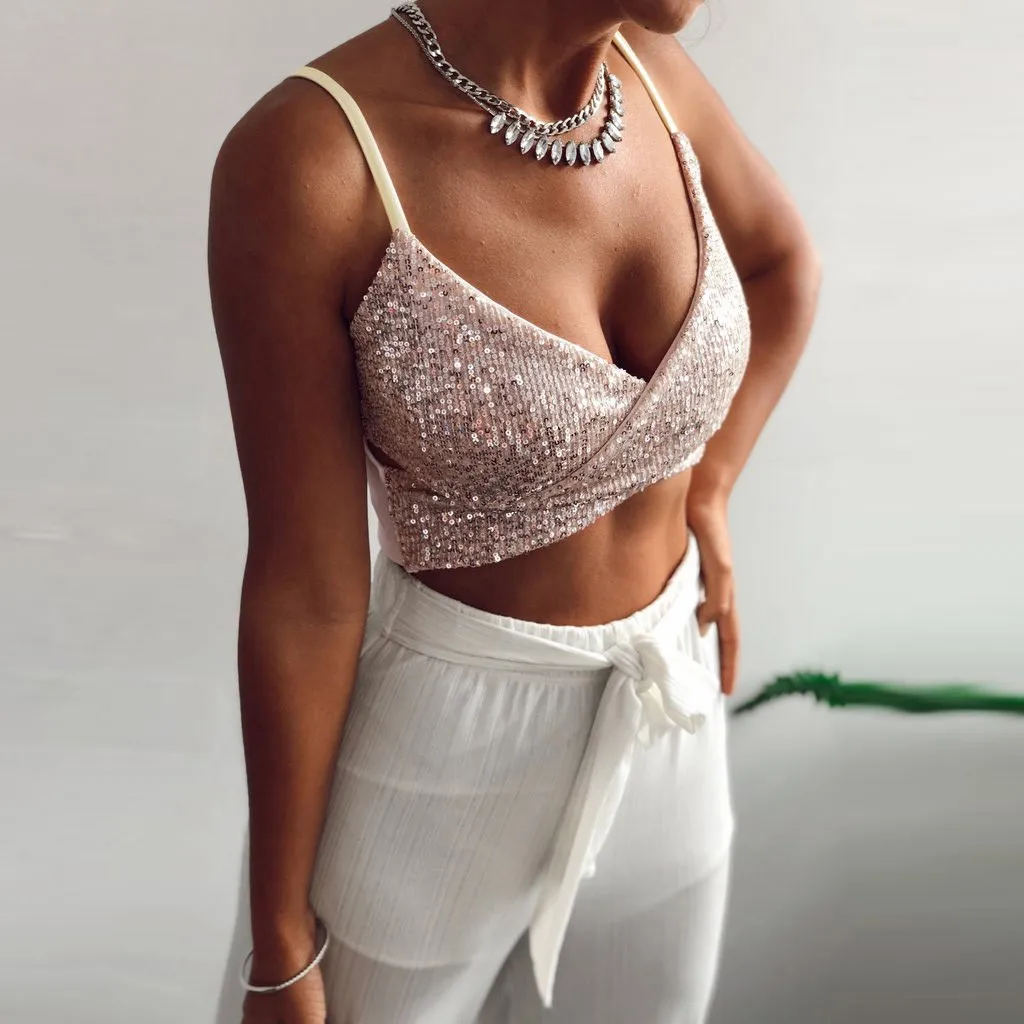 Кроп-Топ женский с блестками пикантная облегающая повседневная майка без